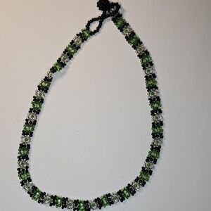 Vintage Artisan Black & Green Beaded Flower Choker Necklace